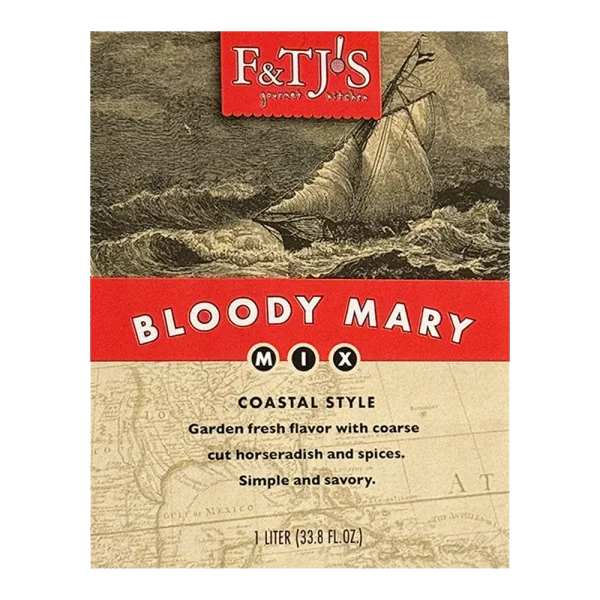 Close-up of F&TJ'S Carolina Bloody Mary Mix front label featuring a vintage sailing ship illustration and product details.