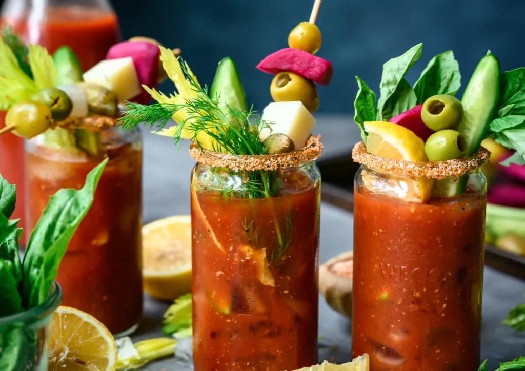 Three Bloody Mary cocktails with shrimp, pickles, and celery garnish.